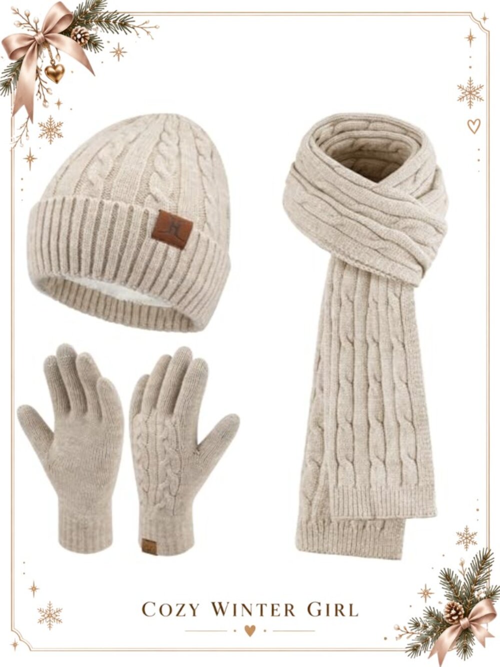 Cable Knit Beanie Hat Scarf Touchscreen Gloves 3-Piece Winter Set